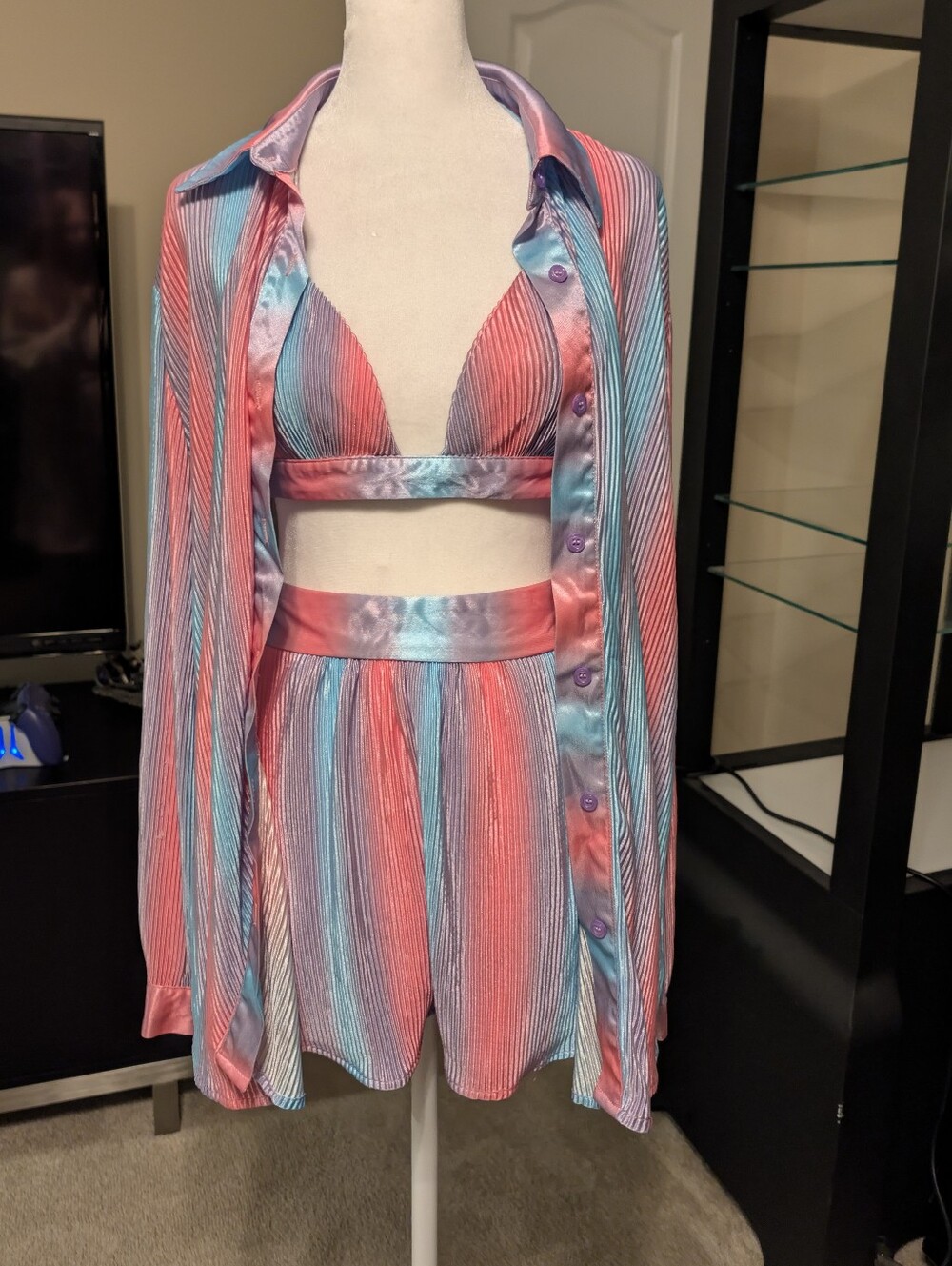 Satin Stripe 3 Piece Bralette, Short and Jacket Set - Pink, Blue and Purple
